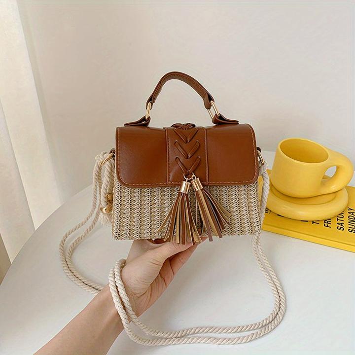 Produktbild Only-Bags.Store Quaste Dekor Stroh gewebt Handtaschen, Mini Rope Strap Crossbody Strandtasche, Frauen Top Handle