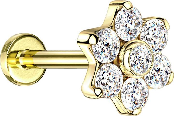 Produktbild Star Piercing Micro Labret Innengewinde vergoldet mit Blume Kristalle silber (ohne Messing, Titan G23)