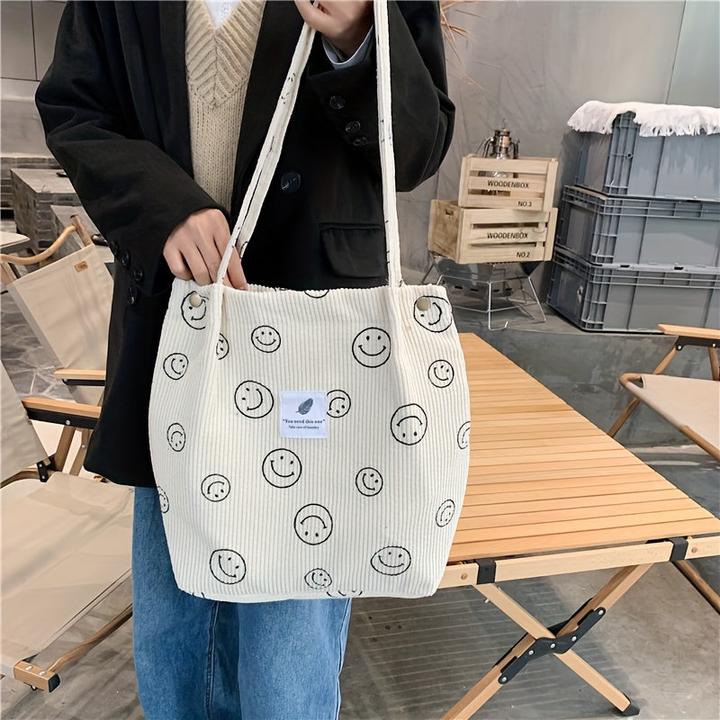 Only-Bags.Store Retro Corduroy Tote Bag, Lächelndes Gesicht Druck Umhängetasche, einfache Handtasche für Schule