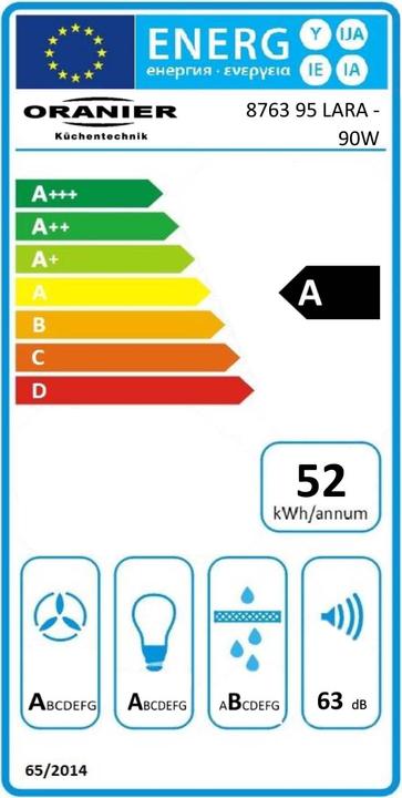 Label énergétique Oranier Lara 90 W blanc verre Hotte murale, largeur 90 cm (Hotte murale)