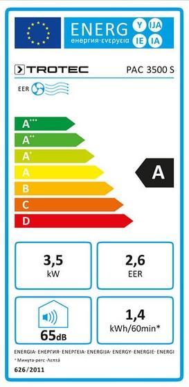 Label énergétique Trotec PAC 3500 S (46 m², 12000 BTU/h)