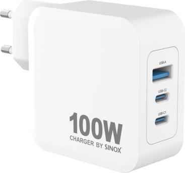Produktbild Sinox PRO 230V 2xUSB-C 1xUSB-A PD oplader 100W. Hvid