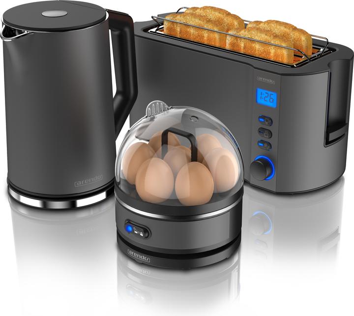 Arendo Breakfast set, kettle 1.5l temperature selection, 4-slice toaster & egg cooker for 7 eggs, grey