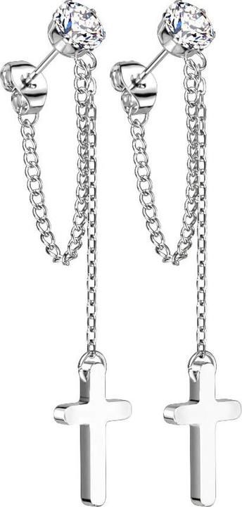 Produktbild Star Piercing Ohrstecker silber mit rundem Kristall silber Anhänger Kette mit Kreuz (ohne Messing, Chirurgenstahl 316L)