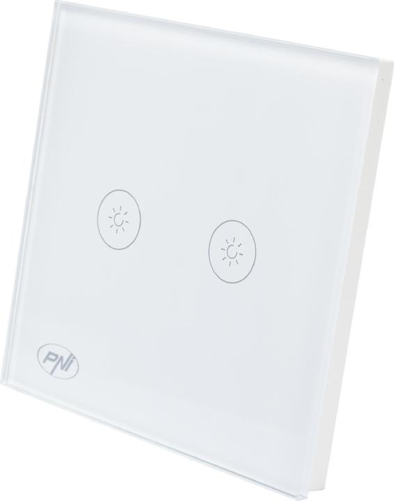 Produktbild PNI Doppelschalter mit Touch und Dimmer SafeHome DIM202, 2X700W, Live Wire, ohne Null, Glas