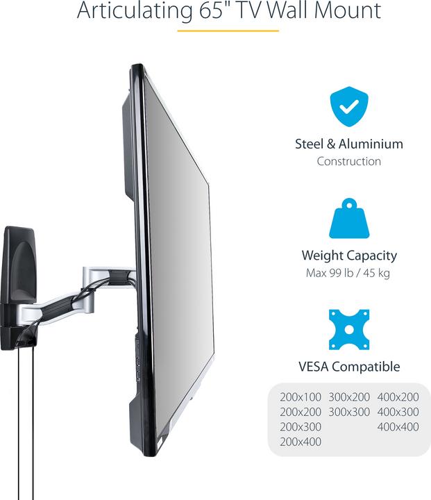 Image du produit StarTech COM Articulating TV Wall Mount VESA Wall Mount TV Bracket for 65 inch/99lb/Curved TVs Corne (Mur, 65", 45 kg)