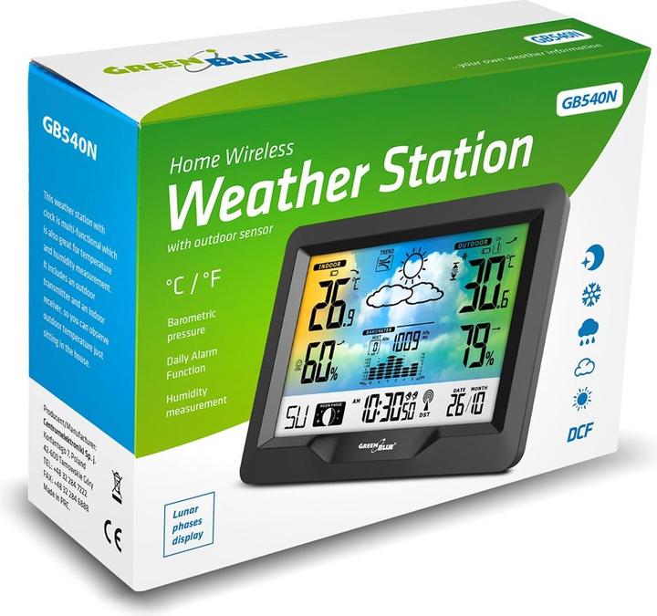 Actual product image Greenblue Radio weather station colour with DCF moon phases barometer calendar power supply GB540N