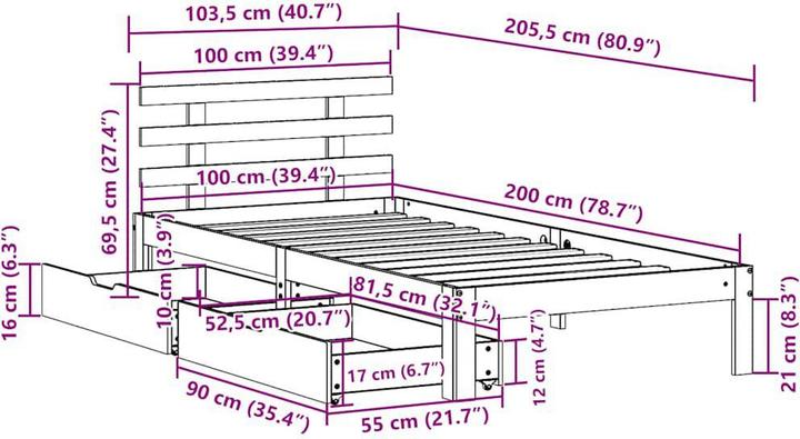 Produktbild VidaXL Bett mit Schubladen Kiefer (100 x 200 cm)