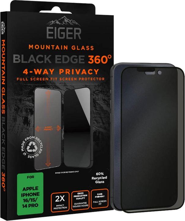 Immagine prodotto Eiger Mountain Glass Black Edge 360 (1 Pezzo/i, Apple iPhone 15, Apple iPhone 14 Pro, Apple iPhone 16)