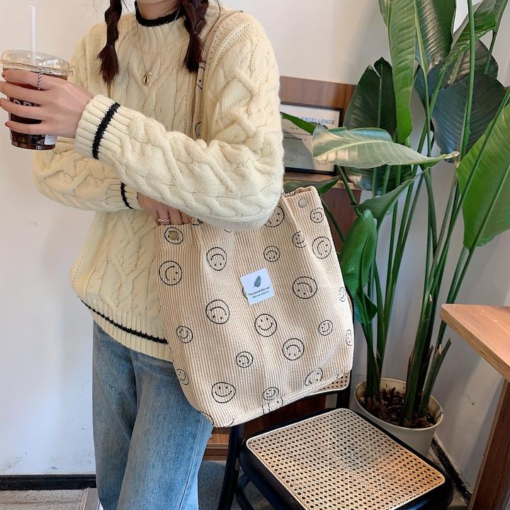 Produktbild Only-Bags.Store Retro Corduroy Tote Bag, Lächelndes Gesicht Druck Umhängetasche, einfache Handtasche für Schule