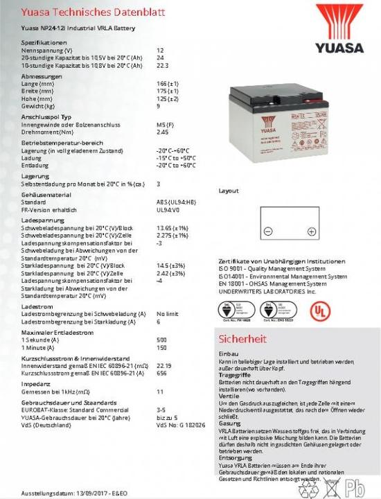 Actual product image Yuasa Lead battery NP24-12I Pb 12V / 24Ah with M5 screw connection