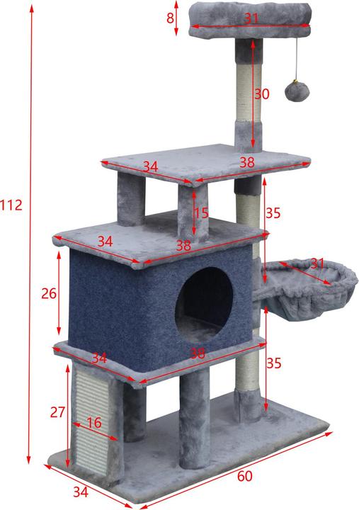 Image du produit Fudajo Arbre à chat clair Hauteur 112 cm Griffoir Escalade Abri Niche Animal domestique Jeux (112 cm, Gris clair)
