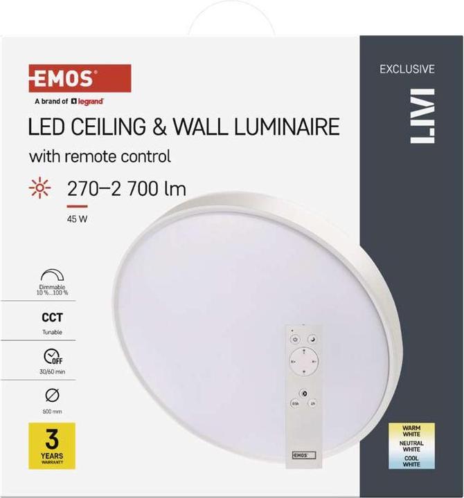 Immagine prodotto Emos Luce LED LIVI 50 cm, 45 W, bianco caldo-freddo, dimmerabile con telecomando (2700 lm)