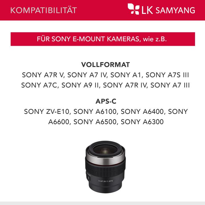 Actual product image Samyang V-AF 20mm F1.9 Sony E-mount (Sony E, full size, APS-C / DX)