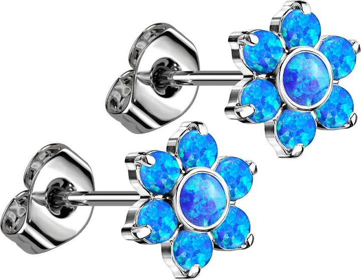 Produktbild Star Piercing Threadless Ohrstecker silber Blume Opale blau (ohne Messing, Titan G23)