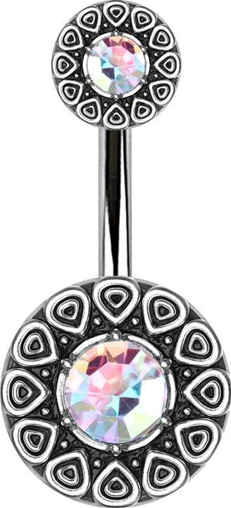 Image du produit Star Piercing Banane argent Tribal bouclier rond avec cristal multicolore (Laiton, Acier chirurgical 316L)