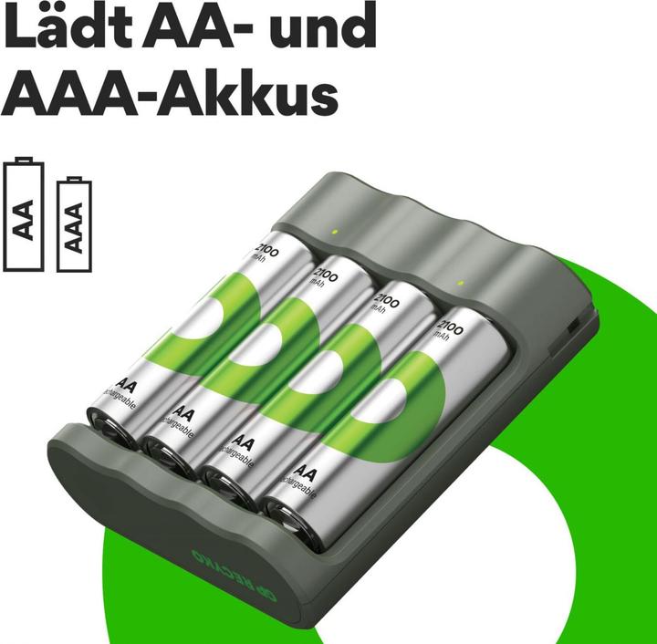Produktbild GP Batteries Aktion Gratis Ladegerät" USB-Modell Ladegerät GP B441 inkl. 4x AA- (4 Stk., AA, 2100 mAh, Ladegerät inkl. Akku)