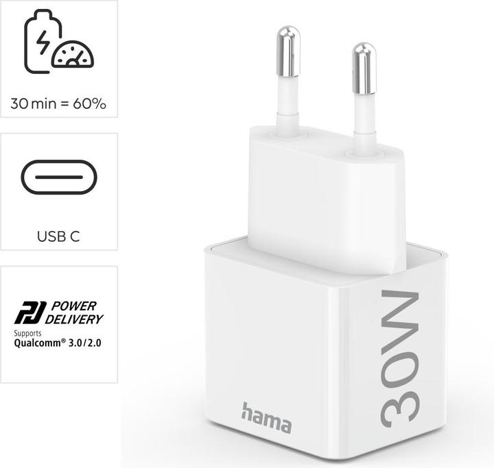 Produktbild Hama Schnellladegerät, USB-C, PD/Qualcomm®/GaN, Mini-Ladegerät, 30 W, Weiss (30 W)
