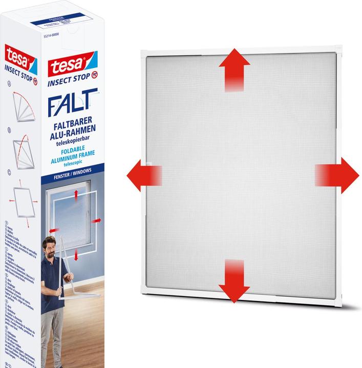 Produktbild tesa FALT Insektenschutz für Fenster, grössenverstellbarer Alu-Rahmen, faltbar (140 x 140 cm)