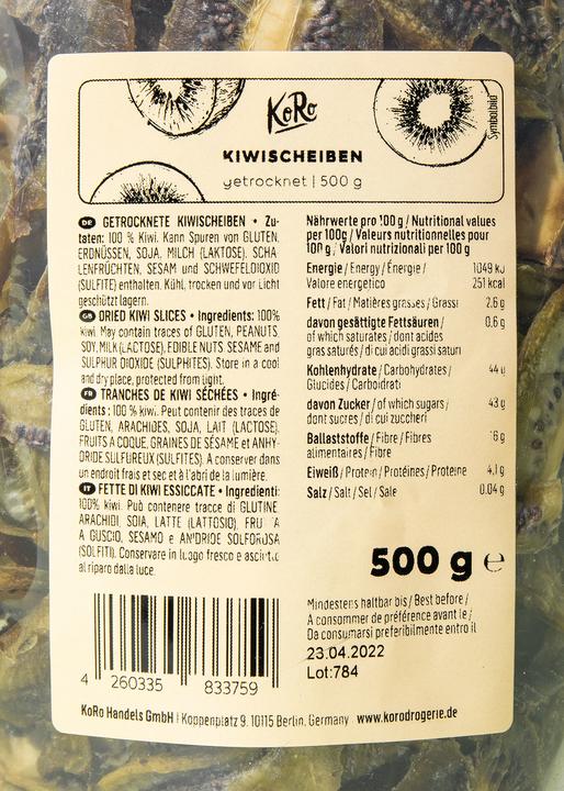 Nutritional values and ingredients KoRo Dried kiwi slices (500 g)