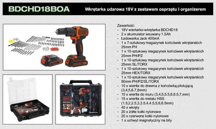 Immagine prodotto Black & Decker BDCHD18BOA, 2 batterie e 160 pz. Set di accessori (Batteria ricaricabile)