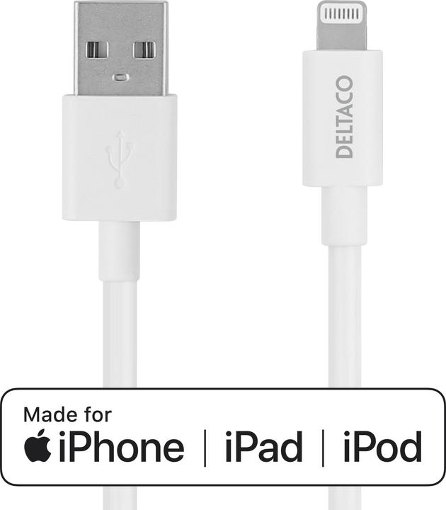 Actual product image Deltaco Lightning cable USB-A -Lightning, 2m, Apple C189 chipset, MFi, FSC marked package, white (2 m, USB 2.0)