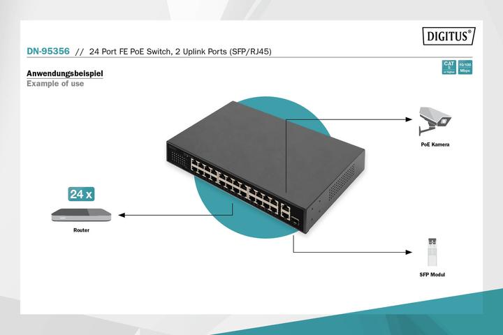 Image du produit Digitus Commutateur 24 ports PoE FE, 2 ports uplink (SFP / RJ45) (24 Ports)