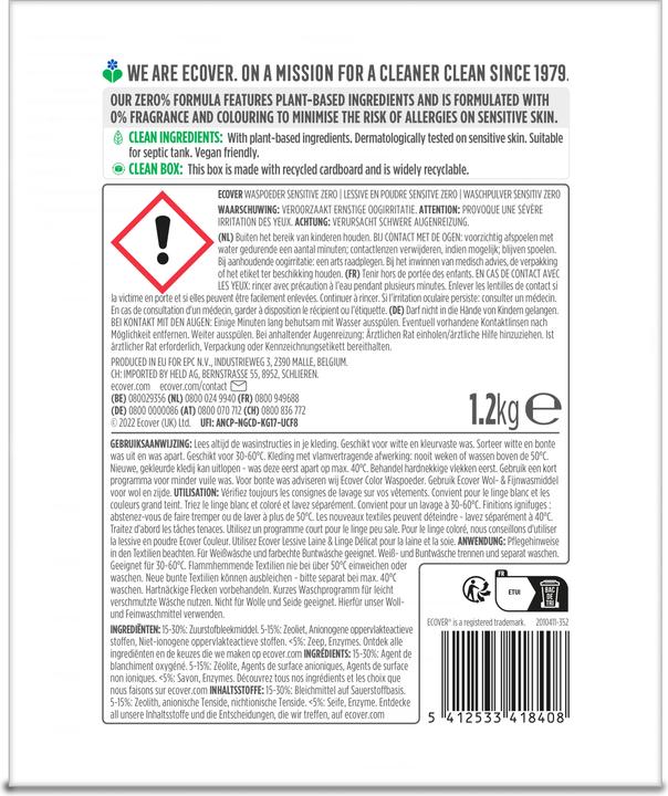 Nutritional values and ingredients Ecover Zero Sensitive (16 Washing cycles, Powder)