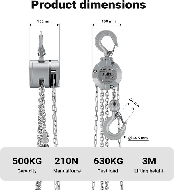 Immagine prodotto Wiltec Kettenzug bis 500kg Handkettenzug 3m Hubhöhe Tragmittel Hebezeug Hebelzug