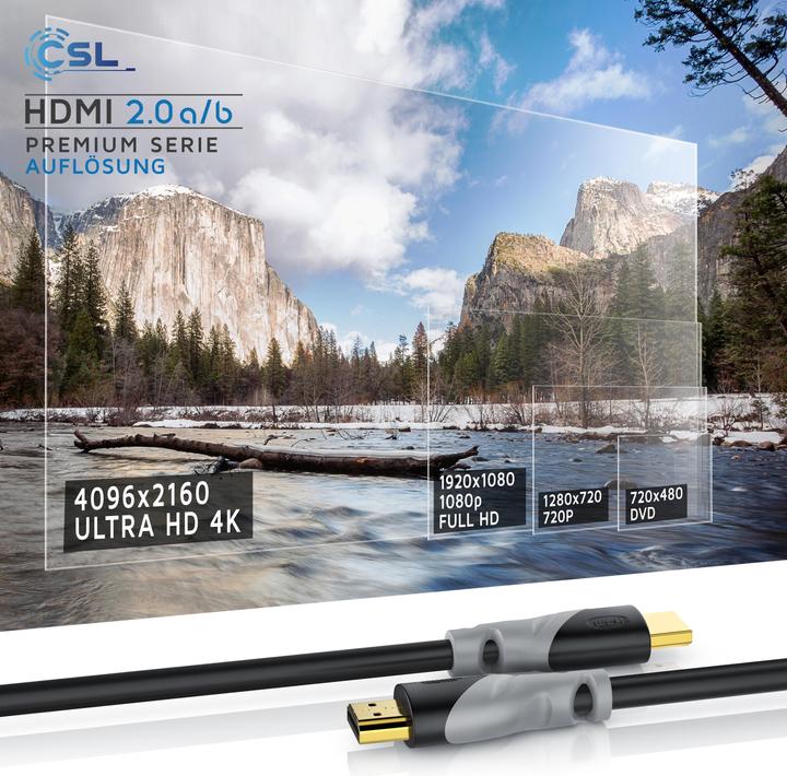 Produktbild CSL HDMI Kabel 2.0b - 4k Ultra HD 2160p - High Speed - 3D Ready - 3 fach geschirmt - HDMI 2.0b 2.0a 2.0 (10 m, HDMI)