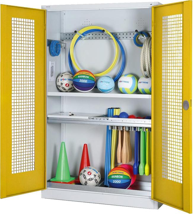 Produktbild C+P Modul-Sportgeräteschrank mit Komplettausstattung (HxBxT: 195x120x50 cm, mit Lochblech-Flügeltüren)