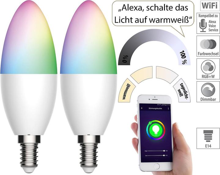 Immagine prodotto Luminea Set di 2 lampade WLAN LED, per Amazon Alexa/GA, E14, RGB, CCT, 5,5 W (E14, 470 lm, 2 x, F)