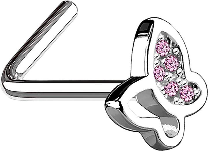 Immagine prodotto Star Piercing Nasenstecker gewinkelt silber mit Schmetterling und Kristall pink (Ottone, Acciaio chirurgico 316L)