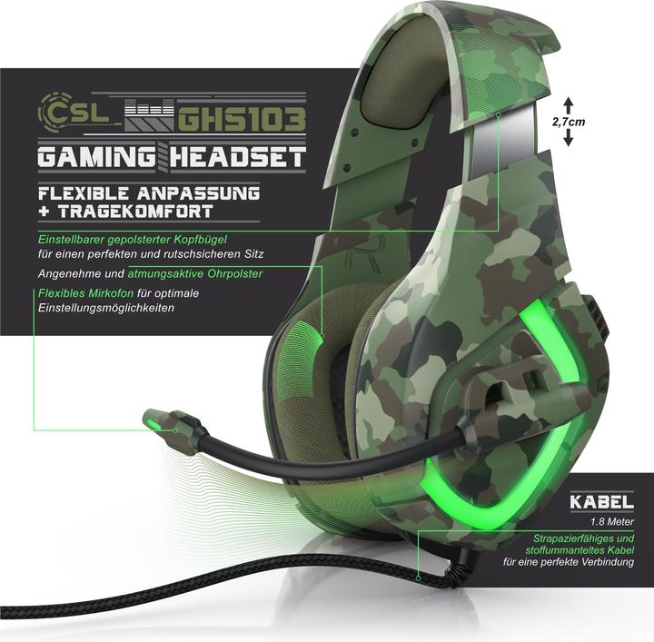 Actual product image CSL Gaming headset, USB "GHS-103" camouflage with microphone, over-ear headphones for PC, PS4 / 4 Pro (Cable)