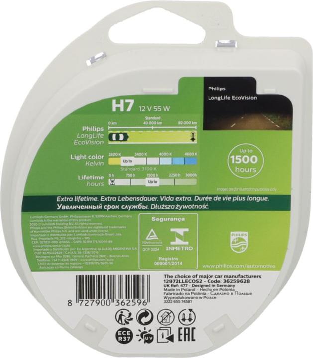 Image du produit Philips LongLife EcoVision 12972LLECOS2 Lampe pour éclairage avant (H7)