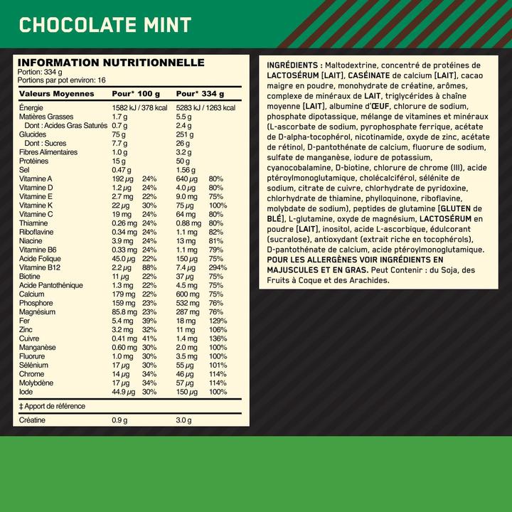 Valeurs nutritives et ingrédients Optimum Nutrition Serious Mass (Menthe, 1 pcs, 5450 g)