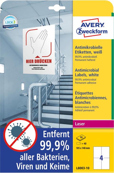 Image du produit Avery AVZ L8003-10 Étiquettes antimicrobiennes 105x148mm blanc
