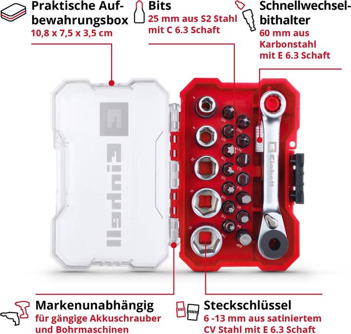 Actual product image Einhell Socket spanner bit insert set 1/4" (6.3 mm) 21 pieces 118683 (10 mm, 6 mm, 12 mm, 8 mm, 13 mm)