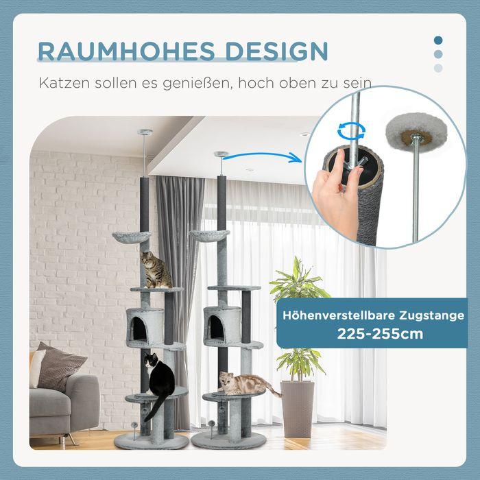 Image du produit Swisshandel24 Griffoir haut de plafond, 225-255 cm avec grotte pour chat, griffoirs, panier, balle de jeu, gris (255 cm, Gris)