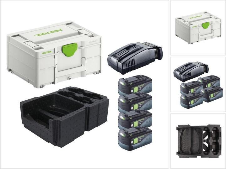 4x Festool BP 18 Li 5.0 ASI EU battery pack 18 V 5.0 Ah ( 577660 ), 1x Festool SCA 16 quick charger 10.8 V - 18 V ( 576953 ), 1x Festool Systainer SYS3 M 187 ( 204842 ), matching insert