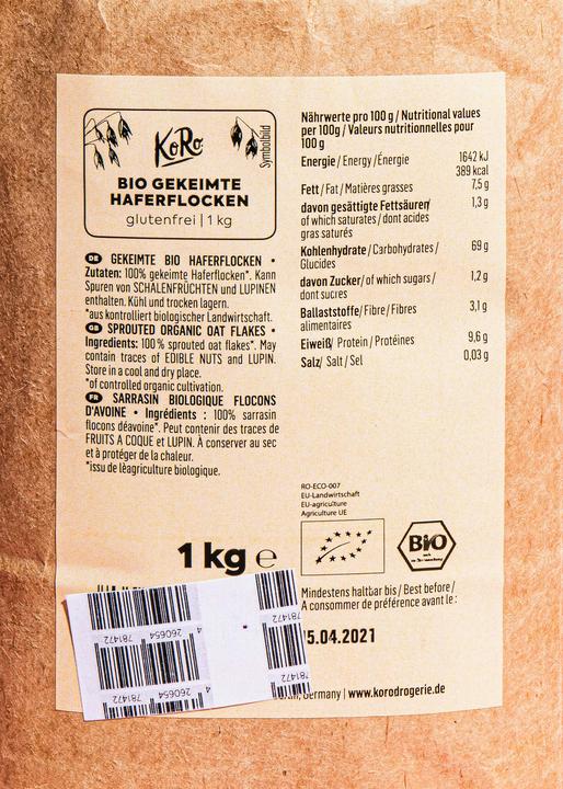 Nutritional values and ingredients KoRo Sprouted organic small leaf oat flakes (1000 g)
