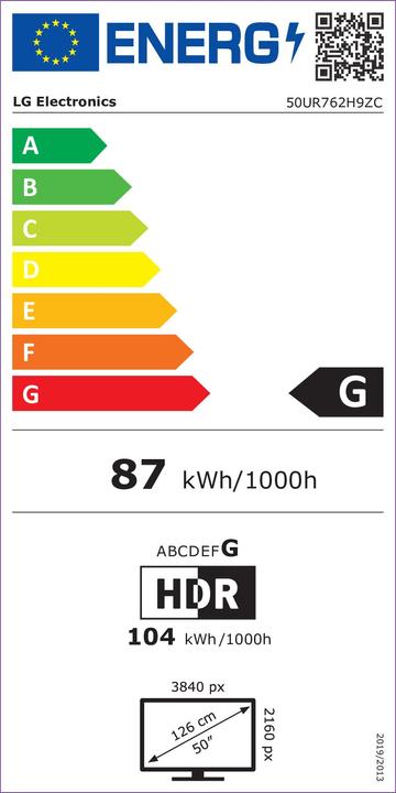 Label énergétique LG Hotel TV 50inch 3840X2160 HDMI 2.0 USB 2.0 NanoCell et Pro Centric Direct Smart T (50", UR762H, LED, 2021)