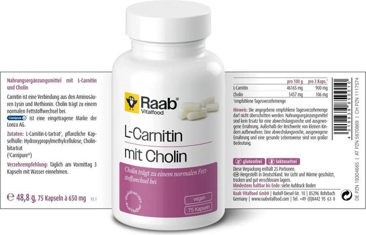 Nährwerte und Zutaten Raab L-Carnitin mit Chlorin (75 Stück, Kapseln)