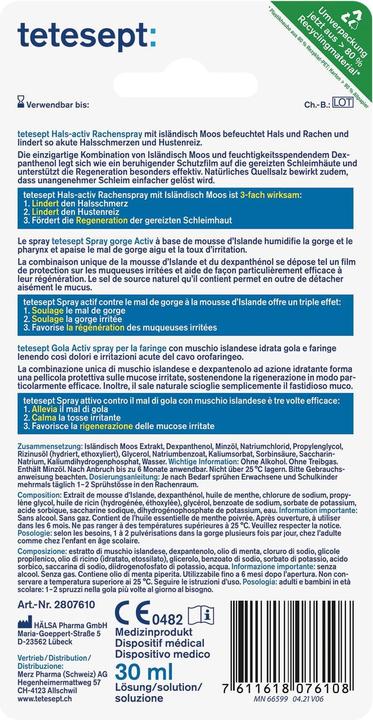 Valeurs nutritives et ingrédients Tetesept Spray pour la gorge Throat-activ 30 ml (1 pièce(s))