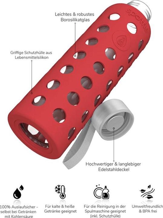 Produktbild Spottle Glasflasche mit Silikonhülle von rot 750ml (0.75 l)
