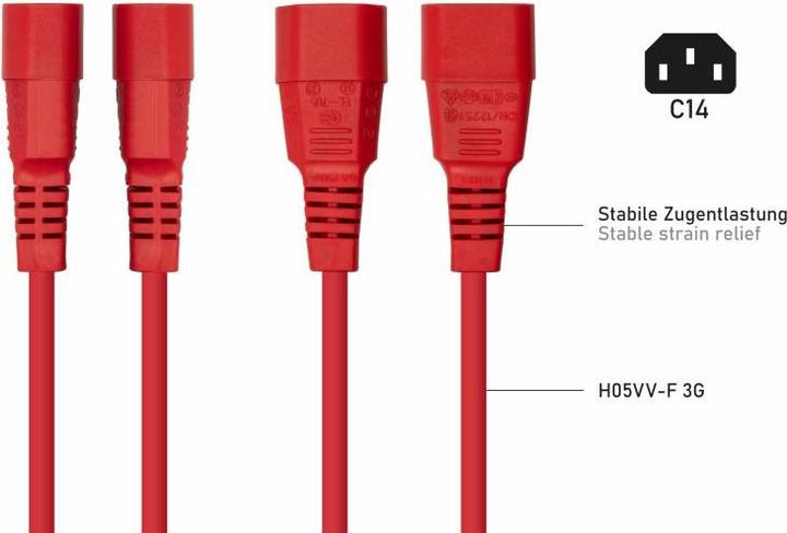Produktbild Kabelmeister Kaltgeräteverlängerung C14 an C14 rot 0,5m (0.50 m, C14, C13)