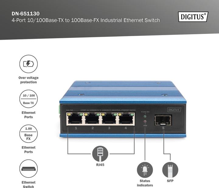 Actual product image Digitus 4-Port 10/100Base-TX to 100Base-FX Industrial Ethernet Switch (4 Ports)
