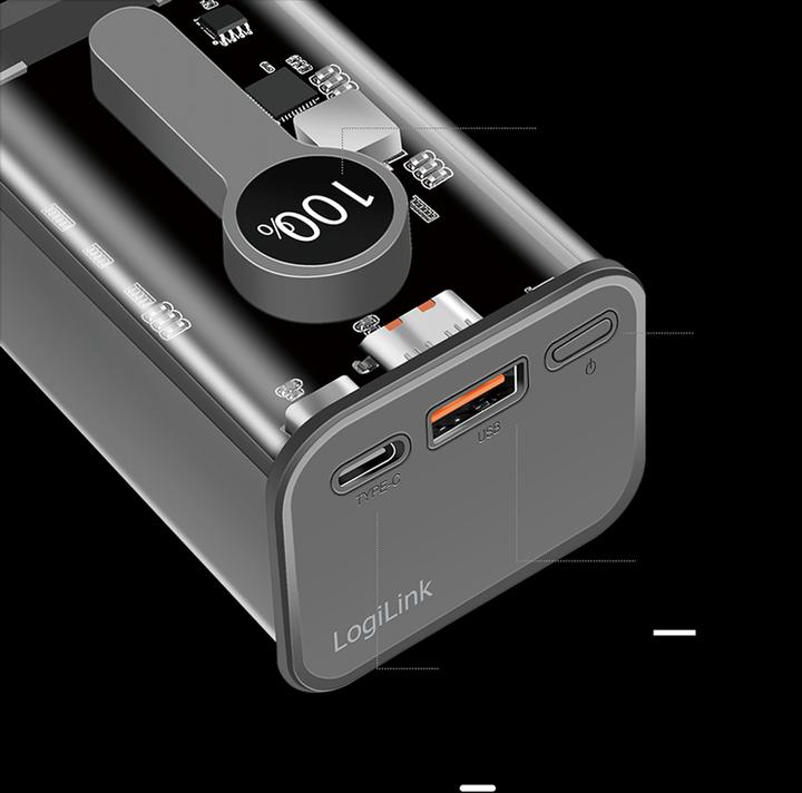 Actual product image LogiLink Powerbank 10000 mAh, 1x USB-A, 1x USB-C, with display, PD & QC, transp. (10000 mAh, 20 W, 37 Wh)
