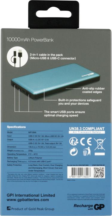 Actual product image GP Batteries Powerbank MP10MA 3A 10000mAh 3xUSB TypeC 130MP10MAMIDTEL (10000 mAh, 37 Wh)