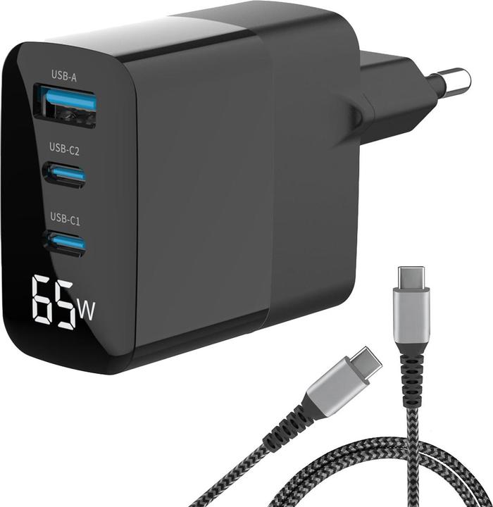 Eaxus Caricatore USB con cavo di ricarica, 3 porte, 2x tipo-C e 1x tipo-A, 65 watt, nero (65 W)